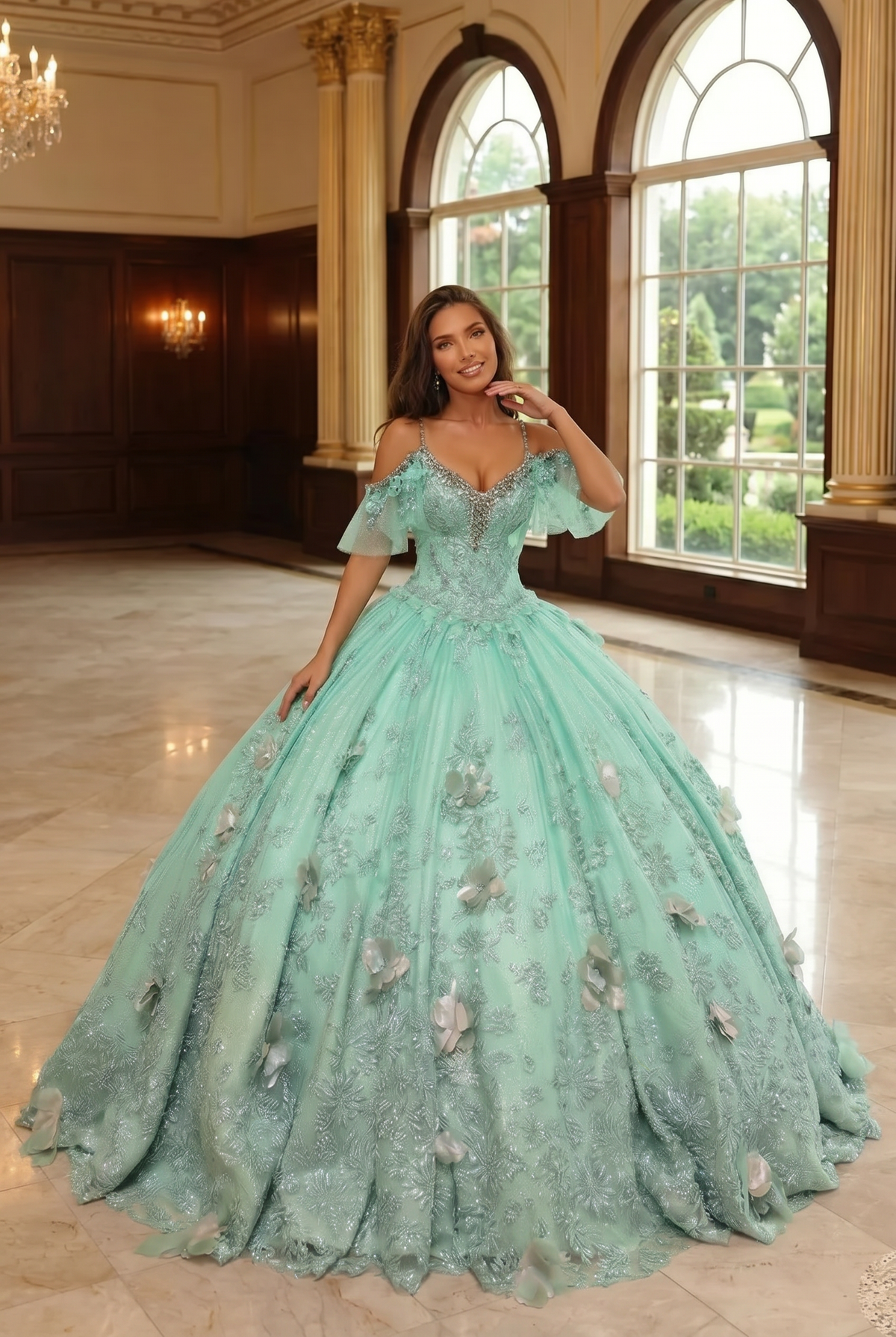 Charming Ball Gown V Neck Quinceañera Dress With  3D Butterfly and Embroidery | Promspark