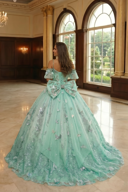 Charming Ball Gown V Neck Quinceañera Dress With  3D Butterfly and Embroidery | Promspark