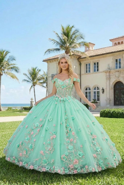 Charming Ball Gown Illusion Neck Quinceañera Dress With 3D Floral & Lace | Promspark
