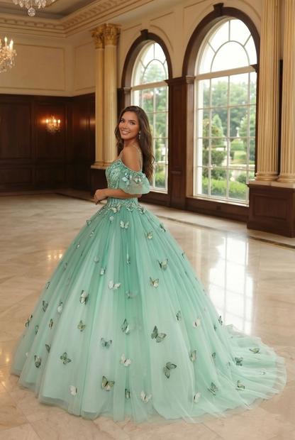 Charming Ball Gown V Neck Quinceañera Dress With  3D Butterfly and Embroidery | Promspark