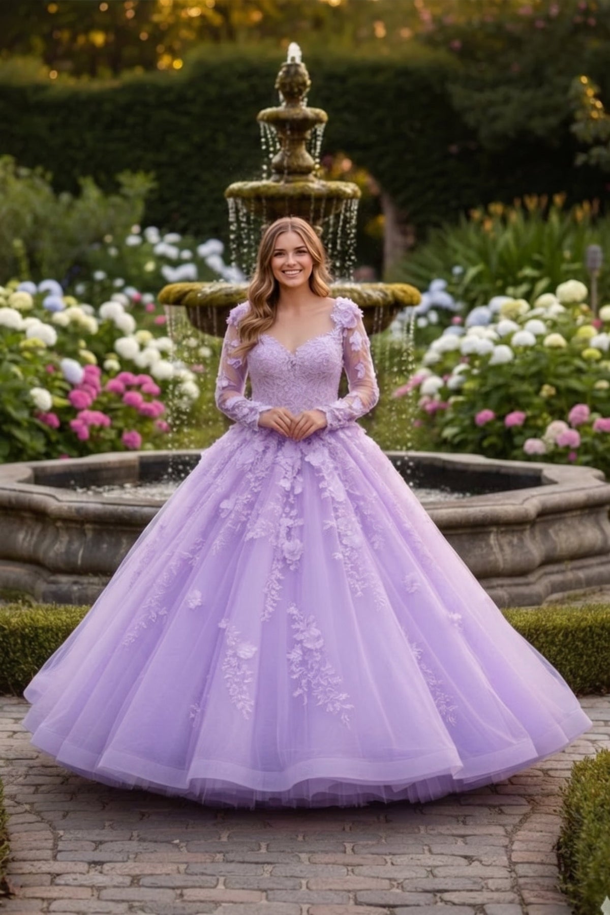 Charming Ball Gown Long Sleeve Quinceañera Dress With Floral Lace | Promspark