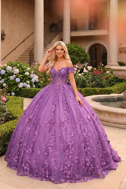 Charming Ball Gown Cold Shoulder Quinceañera Dress With Floral Lace and Bow | Promspark