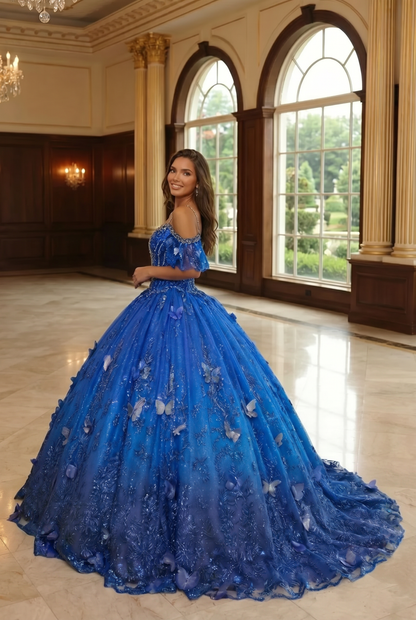 Charming Ball Gown V Neck Quinceañera Dress With  3D Butterfly and Embroidery | Promspark