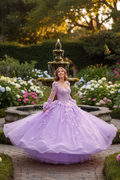 Charming Ball Gown Long Sleeve Quinceañera Dress With Floral Lace | Promspark
