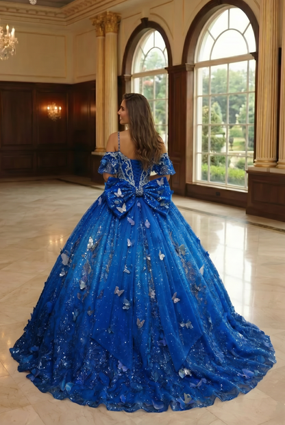 Charming Ball Gown V Neck Quinceañera Dress With  3D Butterfly and Embroidery | Promspark
