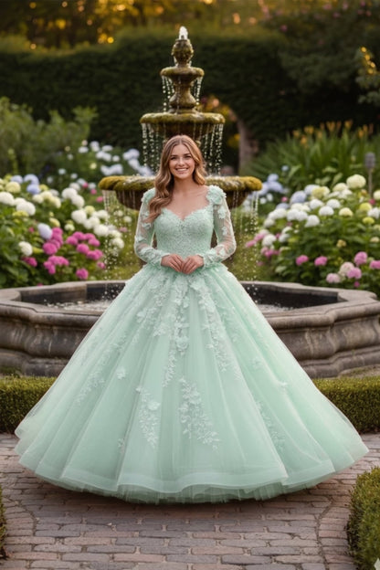 Charming Ball Gown Long Sleeve Quinceañera Dress With Floral Lace | Promspark