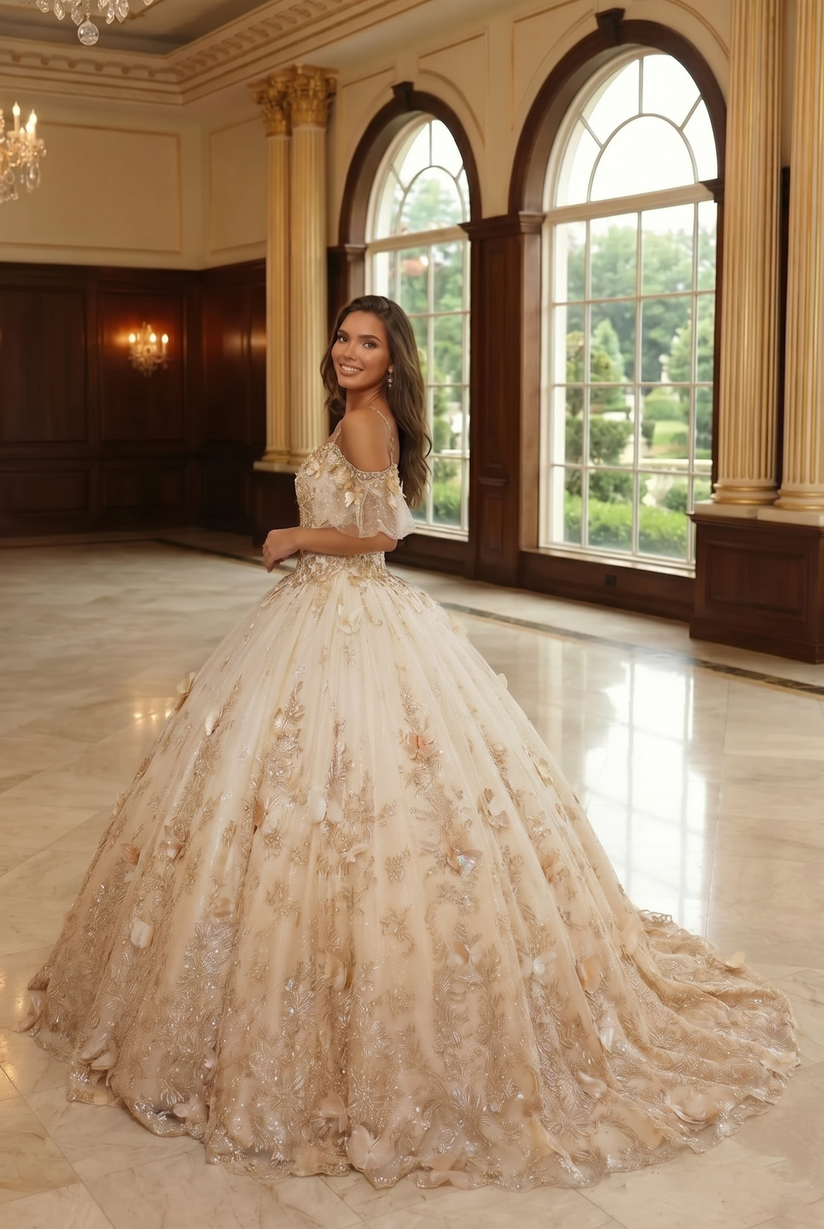 Charming Ball Gown V Neck Quinceañera Dress With  3D Butterfly and Embroidery | Promspark