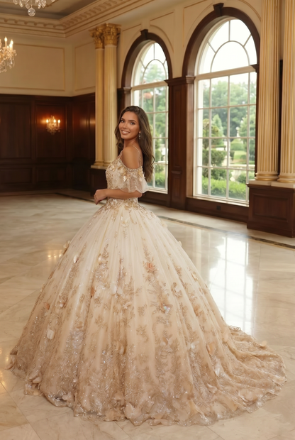 Charming Ball Gown V Neck Quinceañera Dress With  3D Butterfly and Embroidery | Promspark