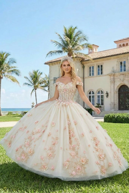 Charming Ball Gown Illusion Neck Quinceañera Dress With 3D Floral & Lace | Promspark