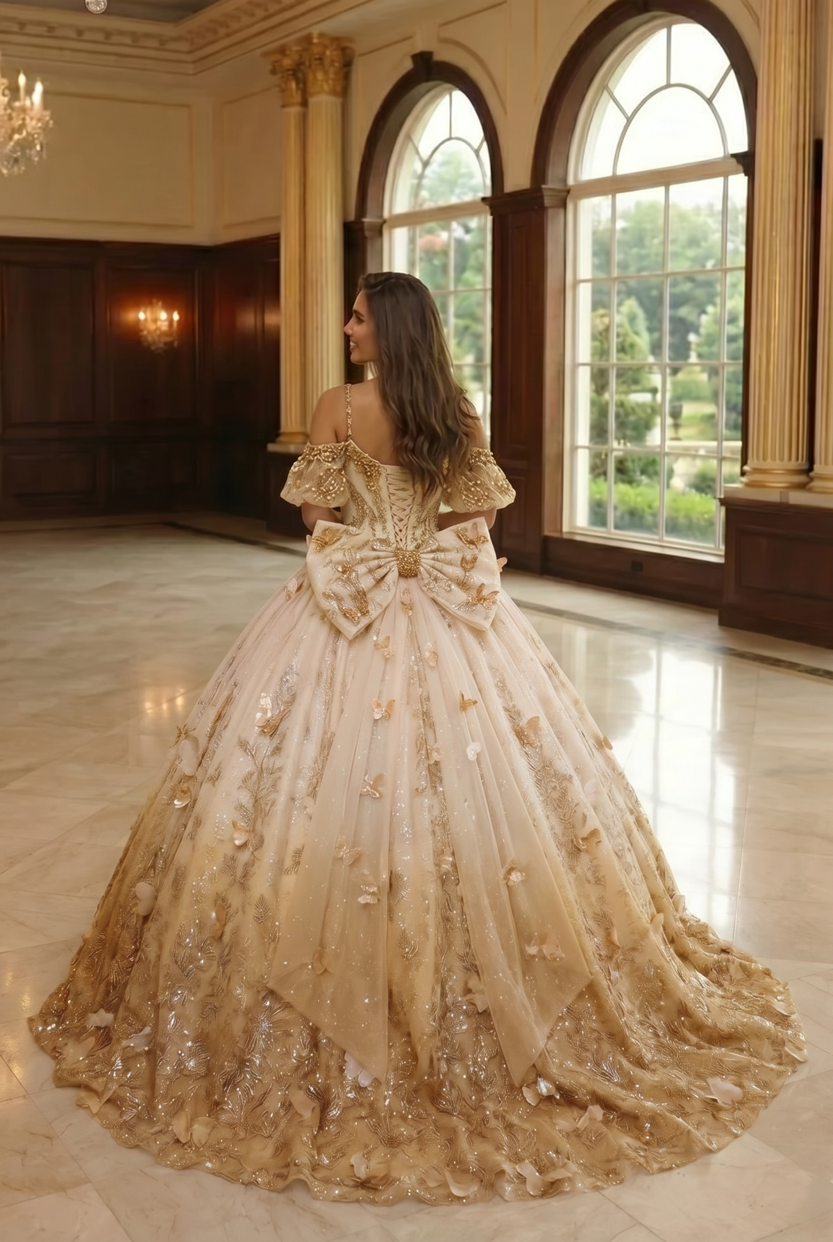 Charming Ball Gown V Neck Quinceañera Dress With  3D Butterfly and Embroidery | Promspark