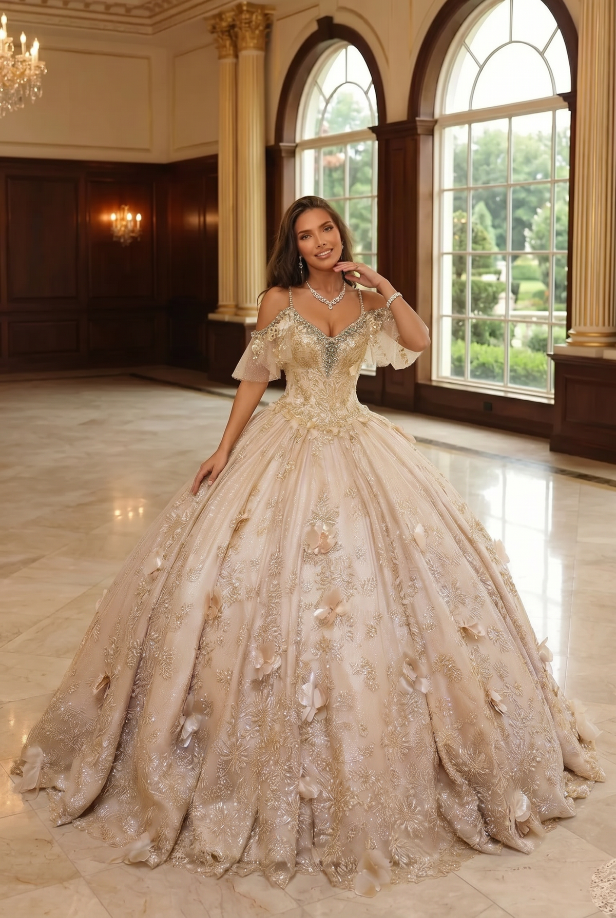 Charming Ball Gown V Neck Quinceañera Dress With  3D Butterfly and Embroidery | Promspark
