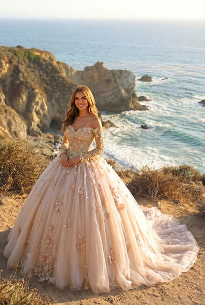 Charming Ball Gown Cold Shoulder Quinceañera Dress With 3D Floral & Lace | Promspark