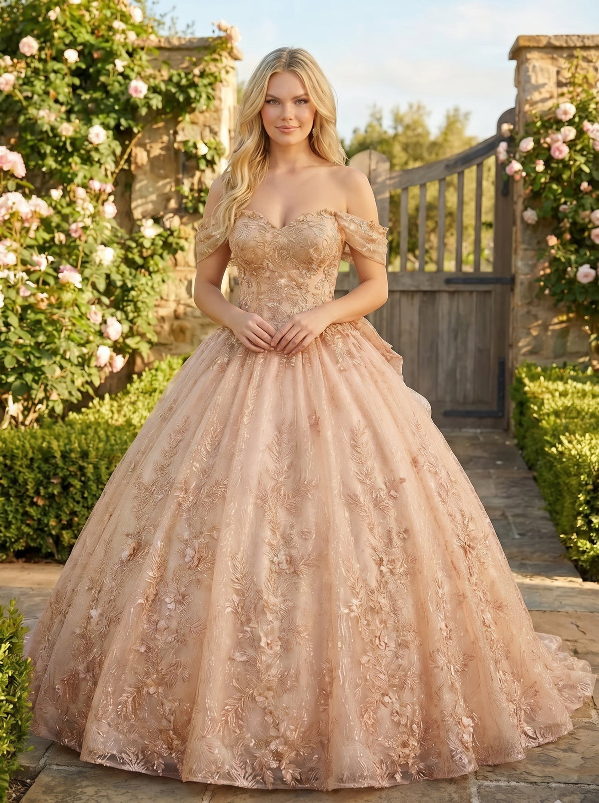 Charming Ball Gown cold shoulder Quinceañera Dress With Embroidery and Bow | Promspark