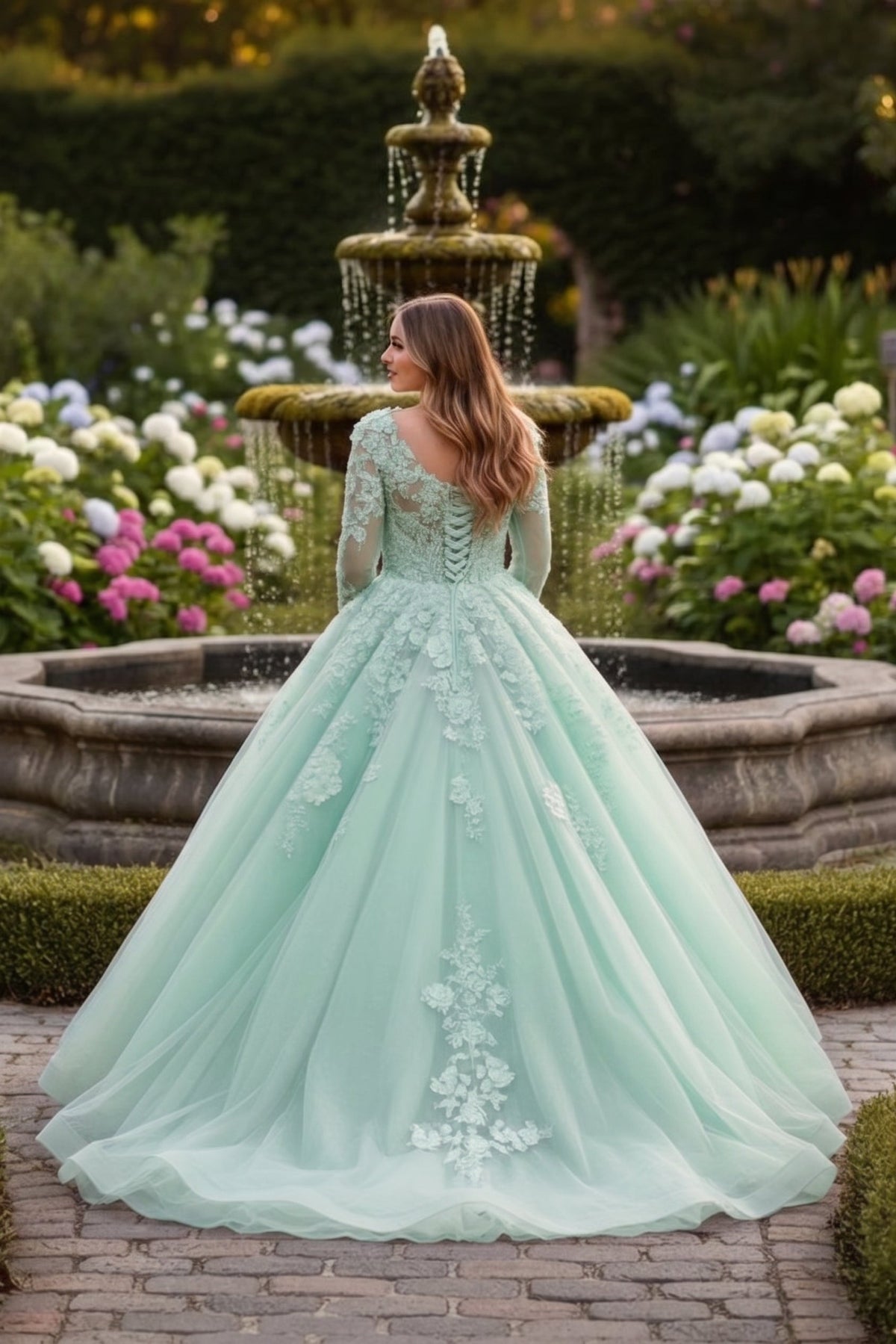 Charming Ball Gown Long Sleeve Quinceañera Dress With Floral Lace | Promspark