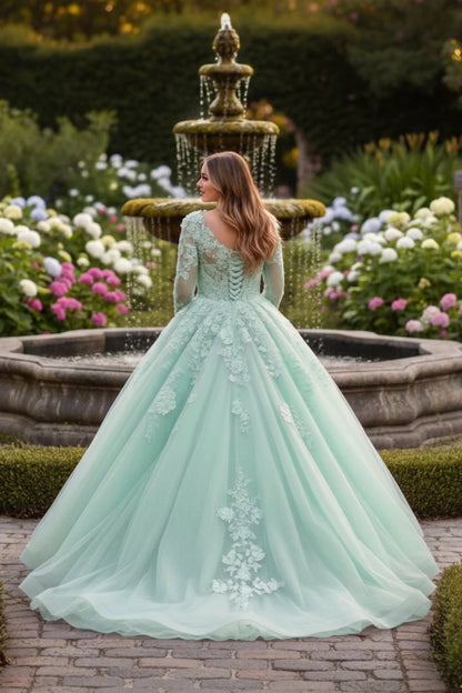 Charming Ball Gown Long Sleeve Quinceañera Dress With Floral Lace | Promspark