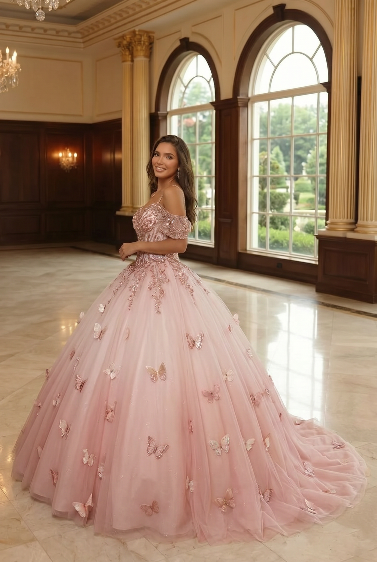 Charming Ball Gown V Neck Quinceañera Dress With  3D Butterfly and Embroidery | Promspark