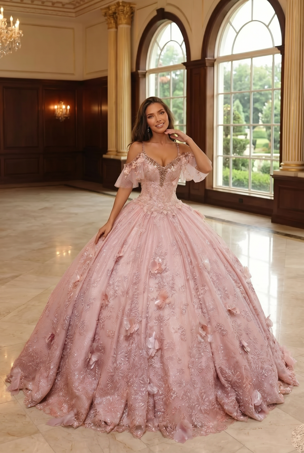 Charming Ball Gown V Neck Quinceañera Dress With  3D Butterfly and Embroidery | Promspark