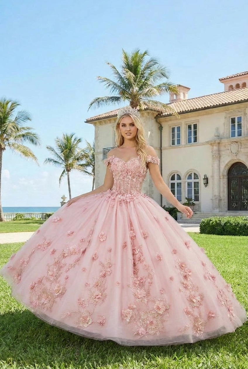 Charming Ball Gown Illusion Neck Quinceañera Dress With 3D Floral & Lace | Promspark