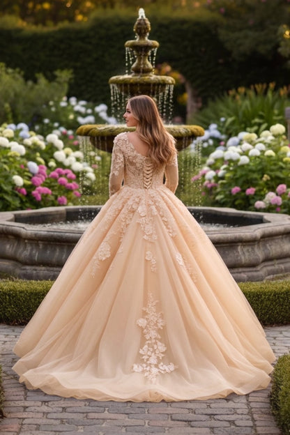 Charming Ball Gown Long Sleeve Quinceañera Dress With Floral Lace | Promspark