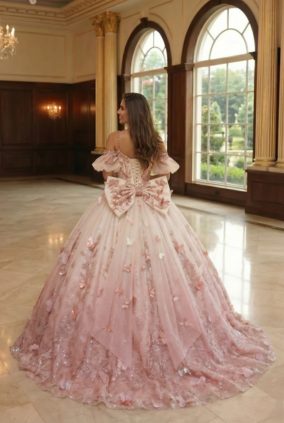 Charming Ball Gown V Neck Quinceañera Dress With  3D Butterfly and Embroidery | Promspark