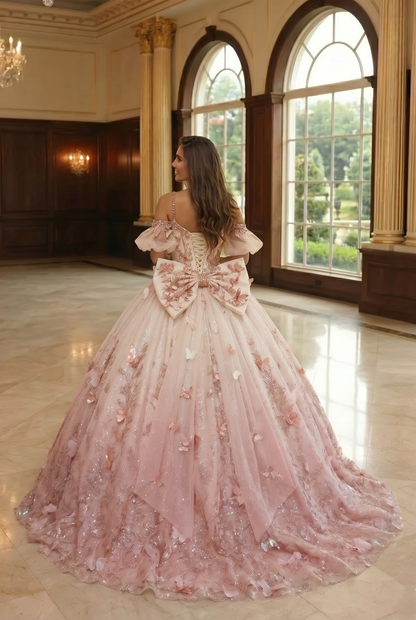Charming Ball Gown V Neck Quinceañera Dress With  3D Butterfly and Embroidery | Promspark