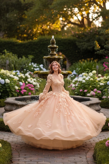 Charming Ball Gown Long Sleeve Quinceañera Dress With Floral Lace | Promspark