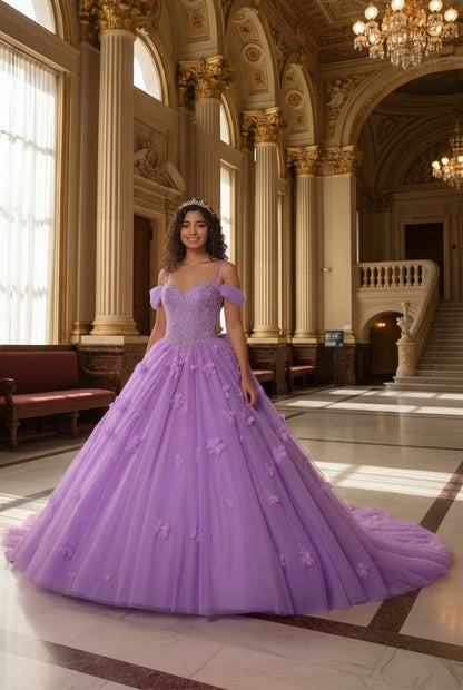 Charming Ball Gown Cold Shoulder Quinceañera Dress With 3D Floral and Lace | Promspark