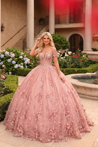 Charming Ball Gown Cold Shoulder Quinceañera Dress With Floral Lace and Bow | Promspark