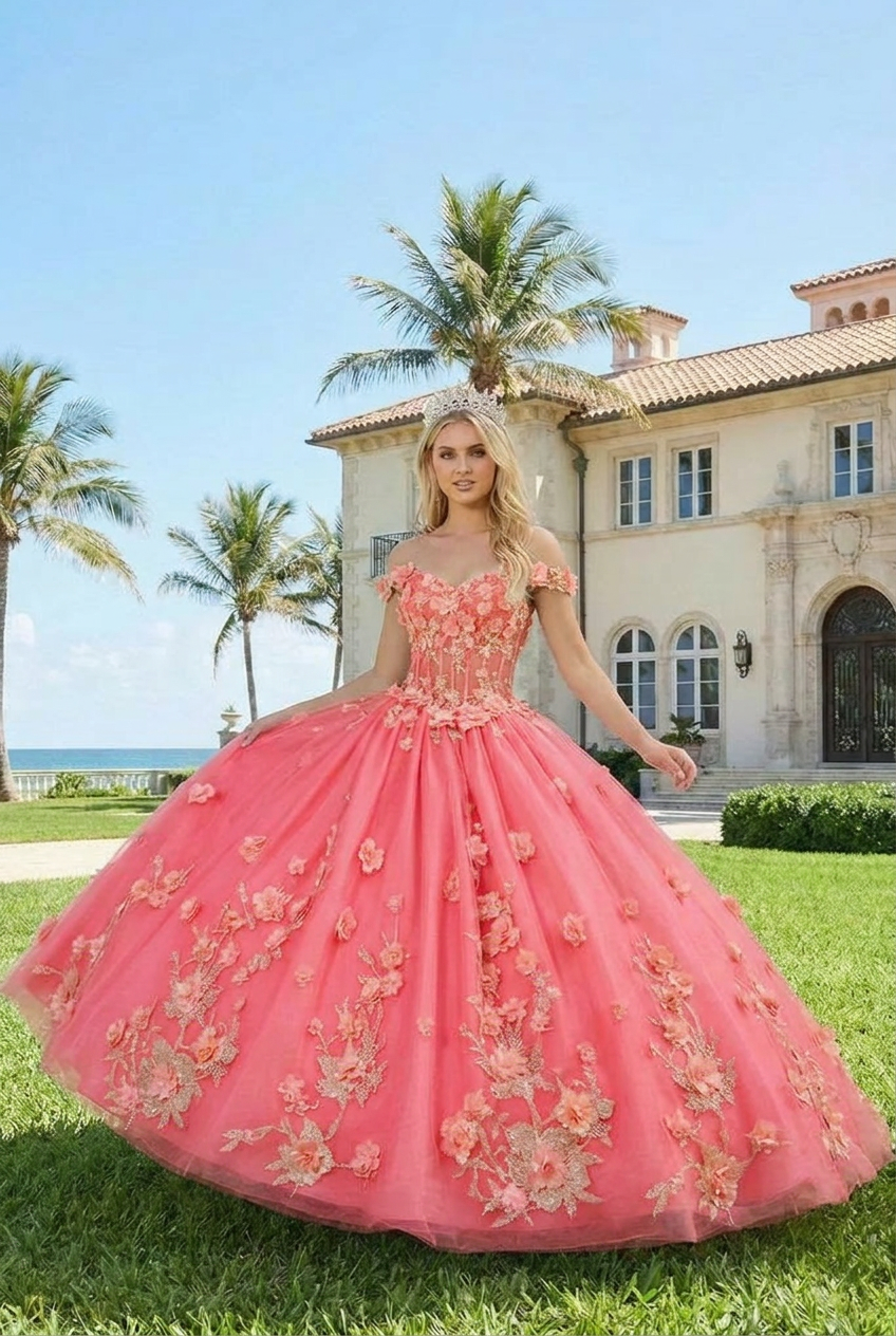 Charming Ball Gown Illusion Neck Quinceañera Dress With 3D Floral & Lace | Promspark