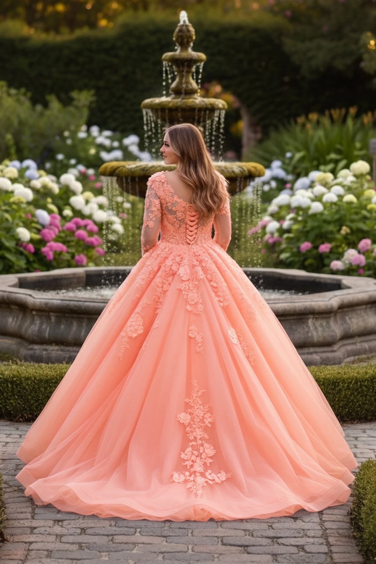 Charming Ball Gown Long Sleeve Quinceañera Dress With Floral Lace | Promspark