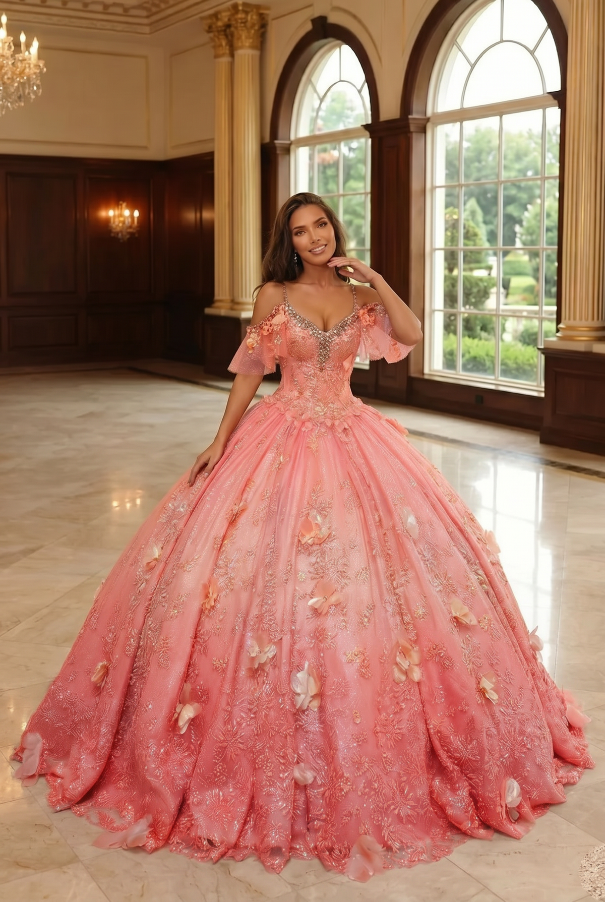 Charming Ball Gown V Neck Quinceañera Dress With  3D Butterfly and Embroidery | Promspark