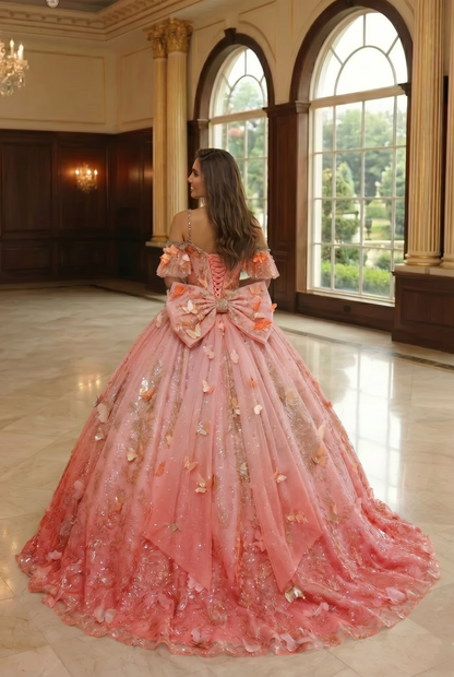 Charming Ball Gown V Neck Quinceañera Dress With  3D Butterfly and Embroidery | Promspark