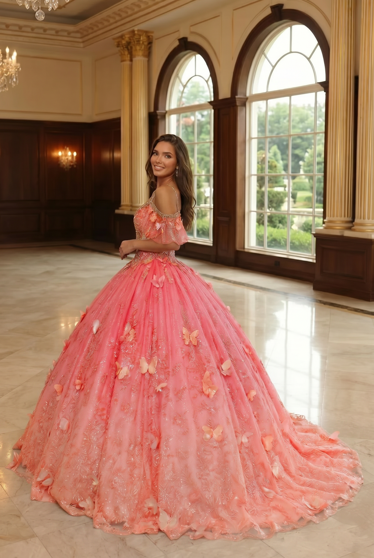 Charming Ball Gown V Neck Quinceañera Dress With  3D Butterfly and Embroidery | Promspark