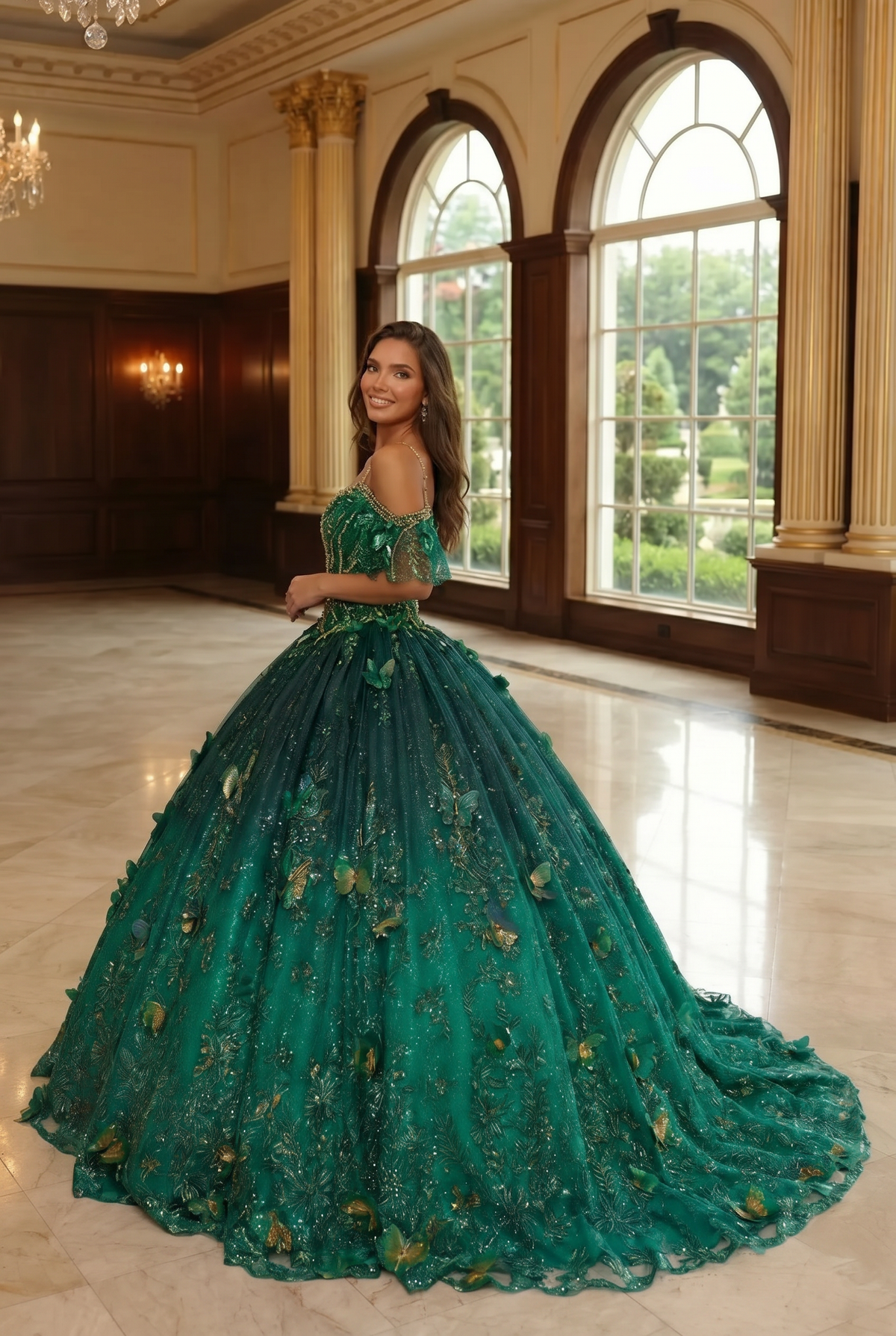 Charming Ball Gown V Neck Quinceañera Dress With  3D Butterfly and Embroidery | Promspark
