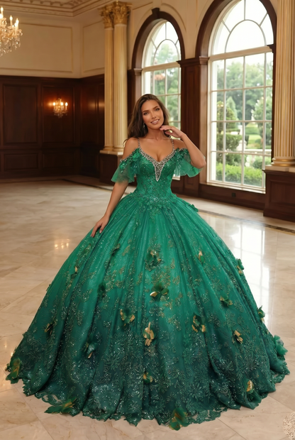 Charming Ball Gown V Neck Quinceañera Dress With  3D Butterfly and Embroidery | Promspark
