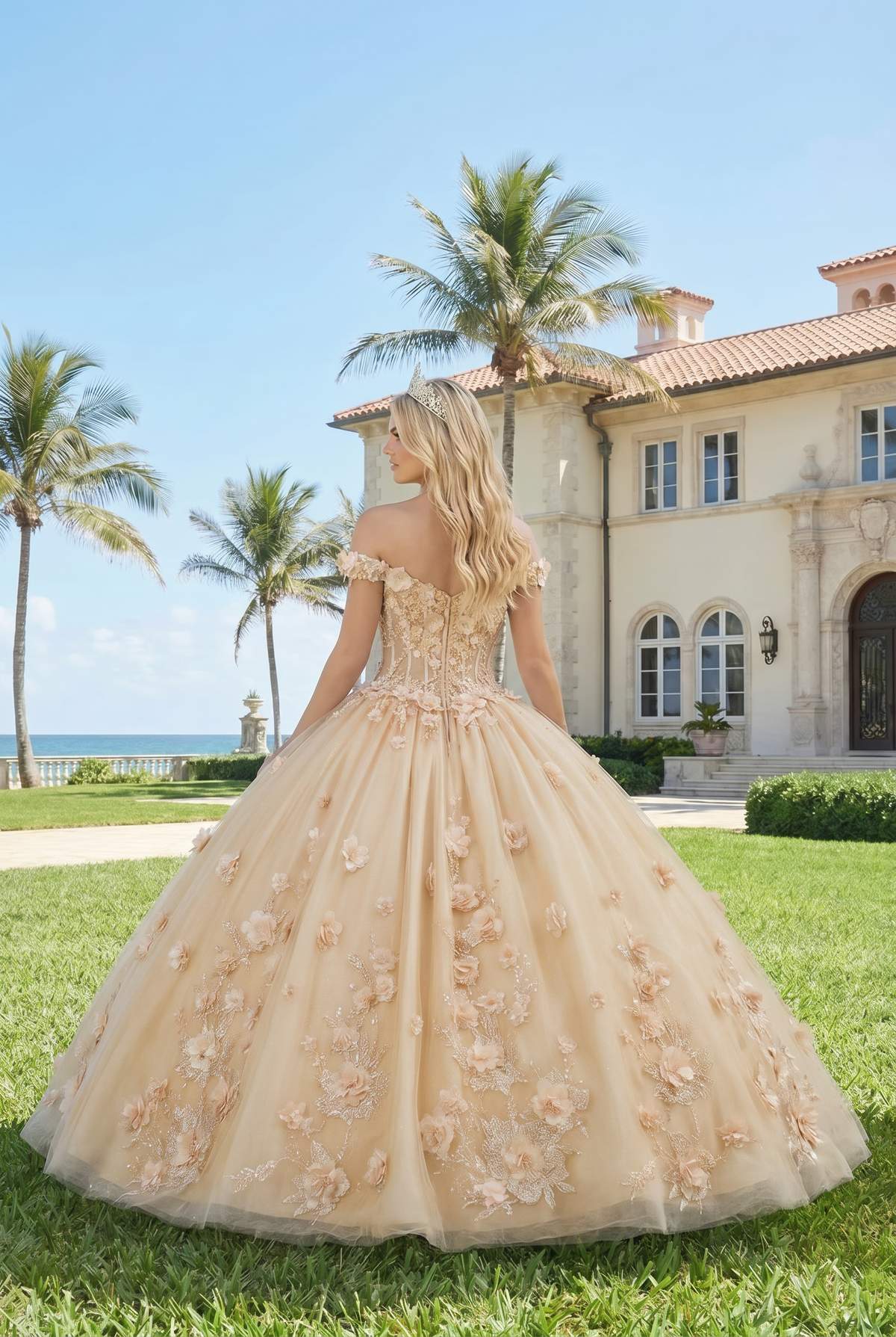 Charming Ball Gown Illusion Neck Quinceañera Dress With 3D Floral & Lace | Promspark