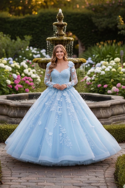 Charming Ball Gown Long Sleeve Quinceañera Dress With Floral Lace | Promspark