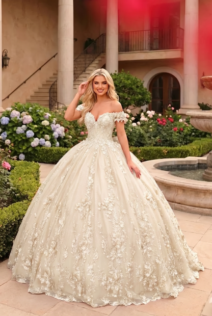 Charming Ball Gown Cold Shoulder Quinceañera Dress With Floral Lace and Bow | Promspark