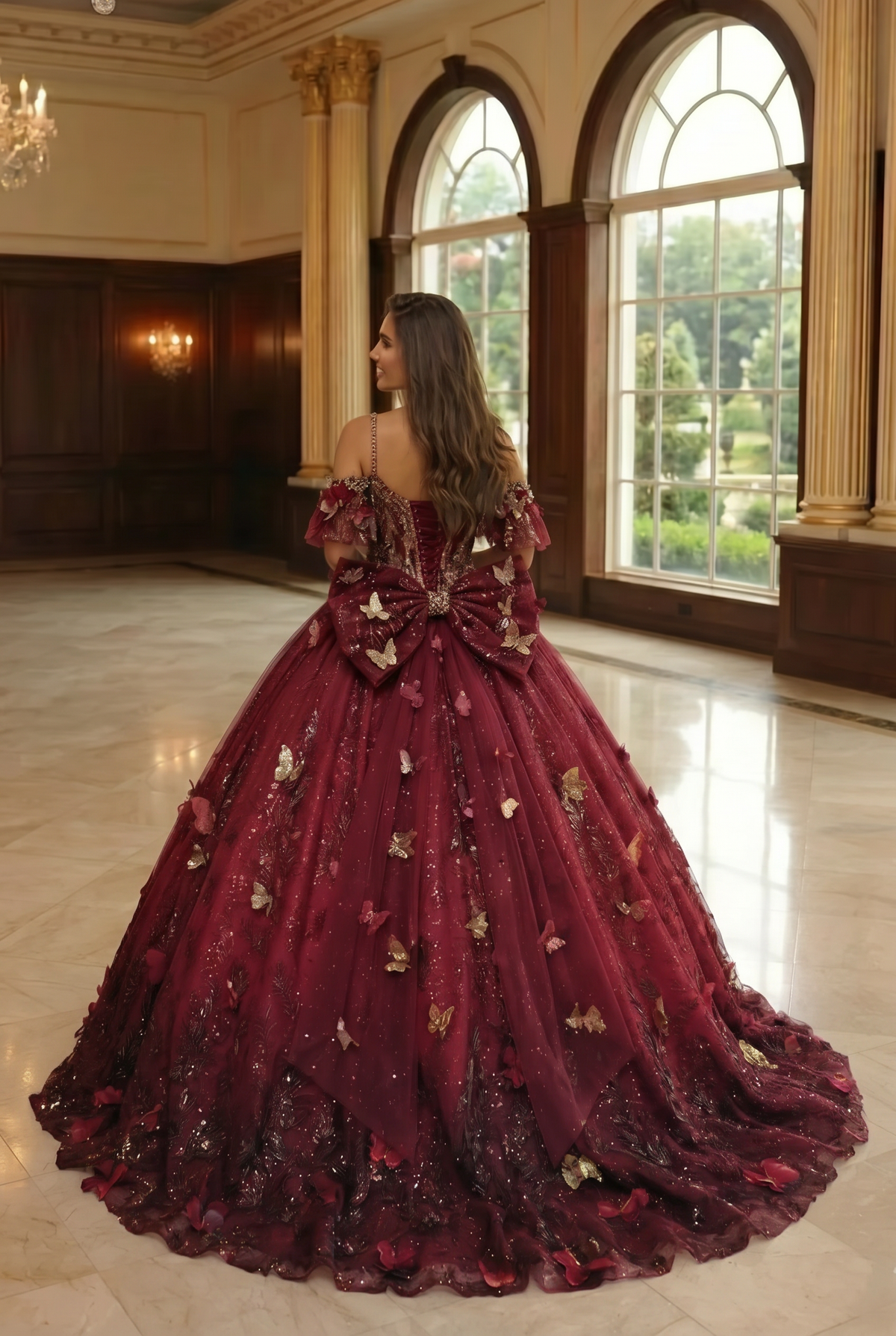 Charming Ball Gown V Neck Quinceañera Dress With  3D Butterfly and Embroidery | Promspark