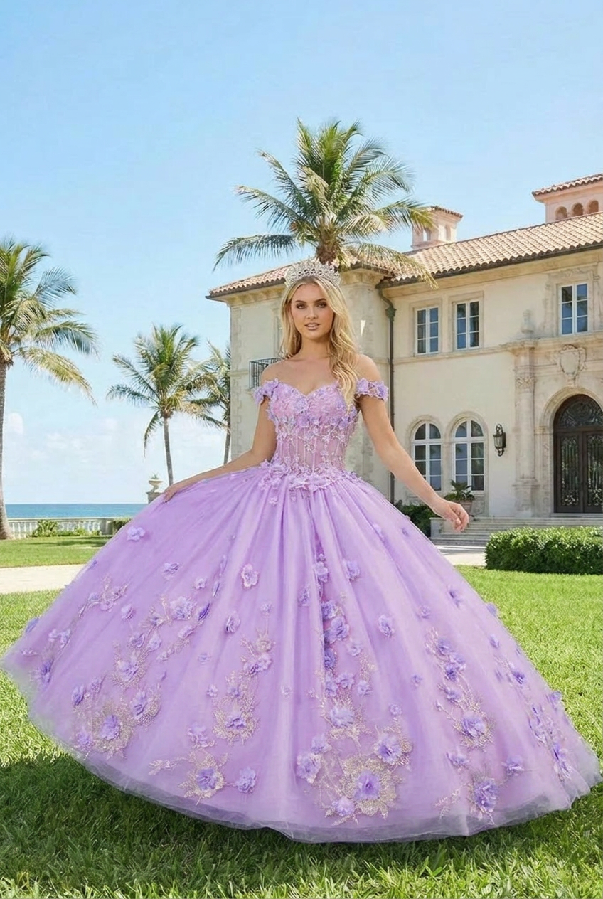 Charming Ball Gown Illusion Neck Quinceañera Dress With 3D Floral & Lace | Promspark