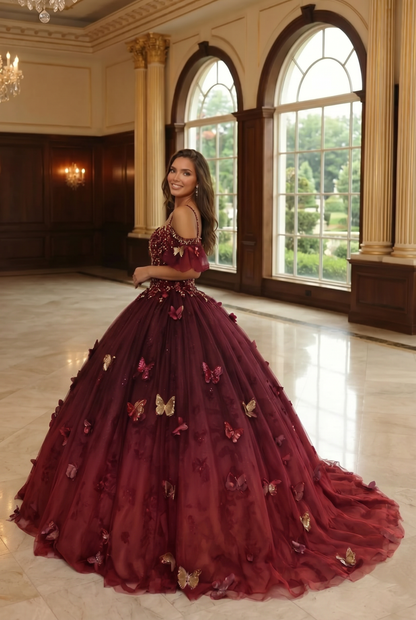Charming Ball Gown V Neck Quinceañera Dress With  3D Butterfly and Embroidery | Promspark
