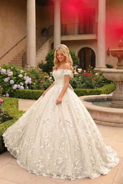 Charming Ball Gown Cold Shoulder Quinceañera Dress With Floral Lace and Bow | Promspark