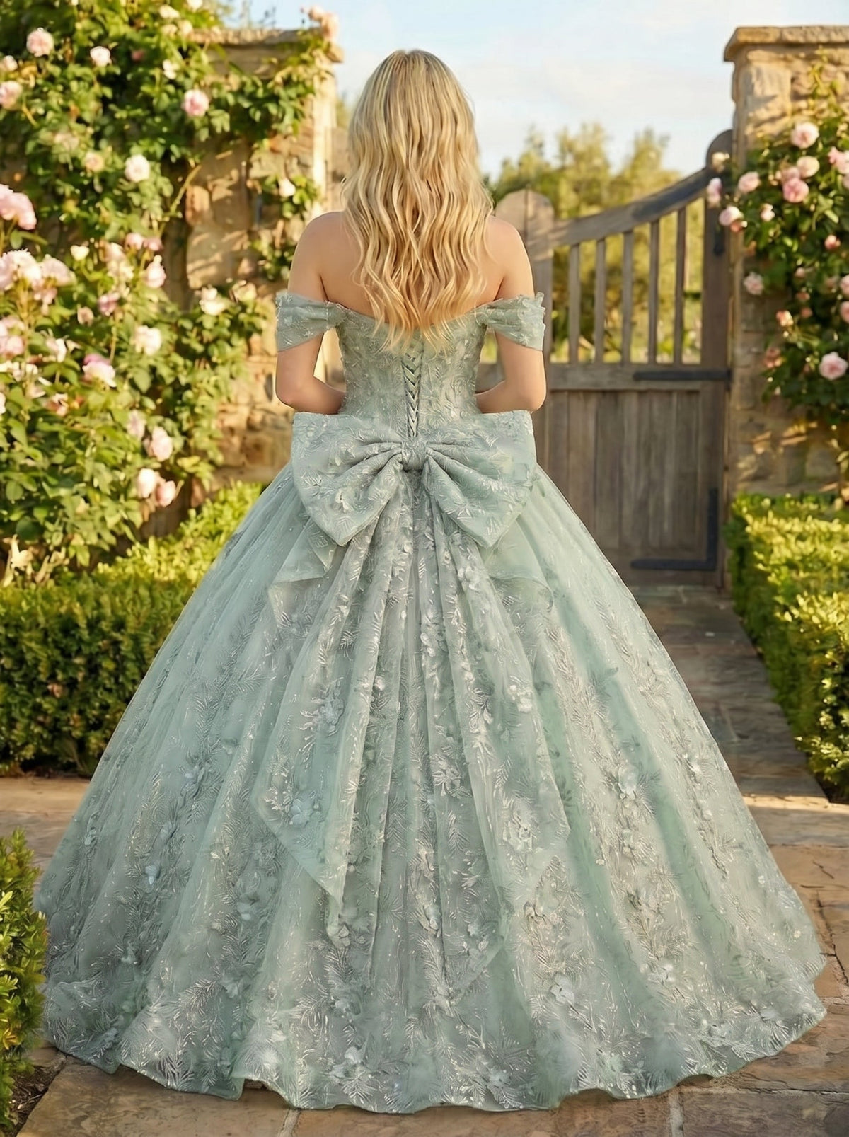 Charming Ball Gown cold shoulder Quinceañera Dress With Embroidery and Bow | Promspark