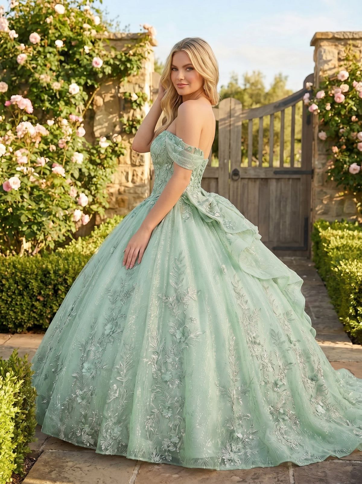 Charming Ball Gown cold shoulder Quinceañera Dress With Embroidery and Bow | Promspark