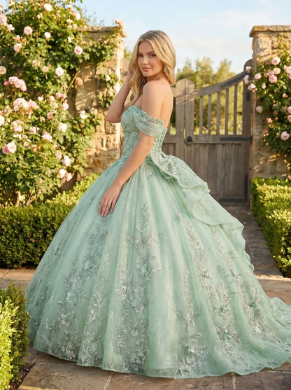 Charming Ball Gown cold shoulder Quinceañera Dress With Embroidery and Bow | Promspark