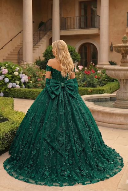 Charming Ball Gown Cold Shoulder Quinceañera Dress With Floral Lace and Bow | Promspark