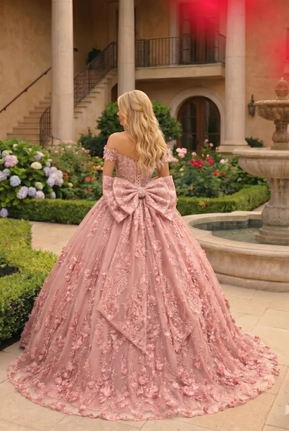 Charming Ball Gown Cold Shoulder Quinceañera Dress With Floral Lace and Bow | Promspark
