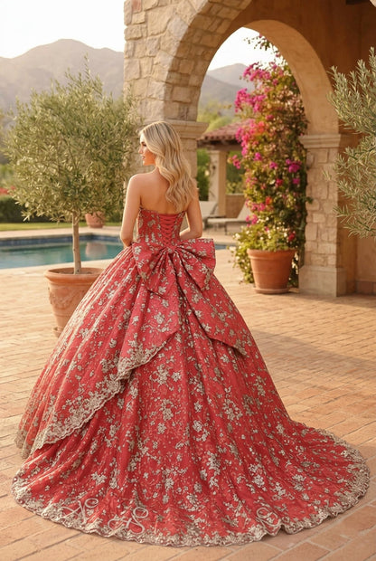 Charming Glitter Ball Gown Sleeveless Quinceañera Dress With Embroidery and Bow | Promspark