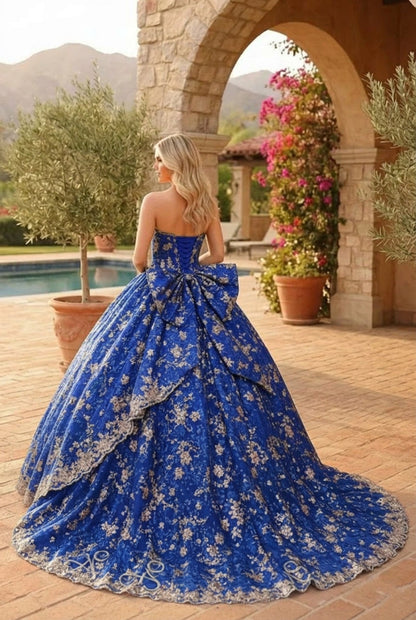 Charming Glitter Ball Gown Sleeveless Quinceañera Dress With Embroidery and Bow | Promspark
