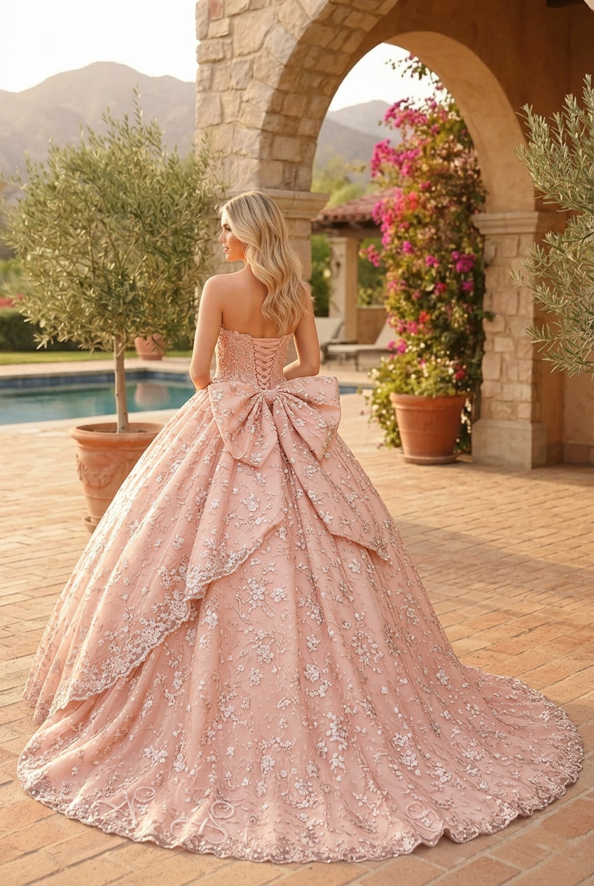 Charming Glitter Ball Gown Sleeveless Quinceañera Dress With Embroidery and Bow | Promspark